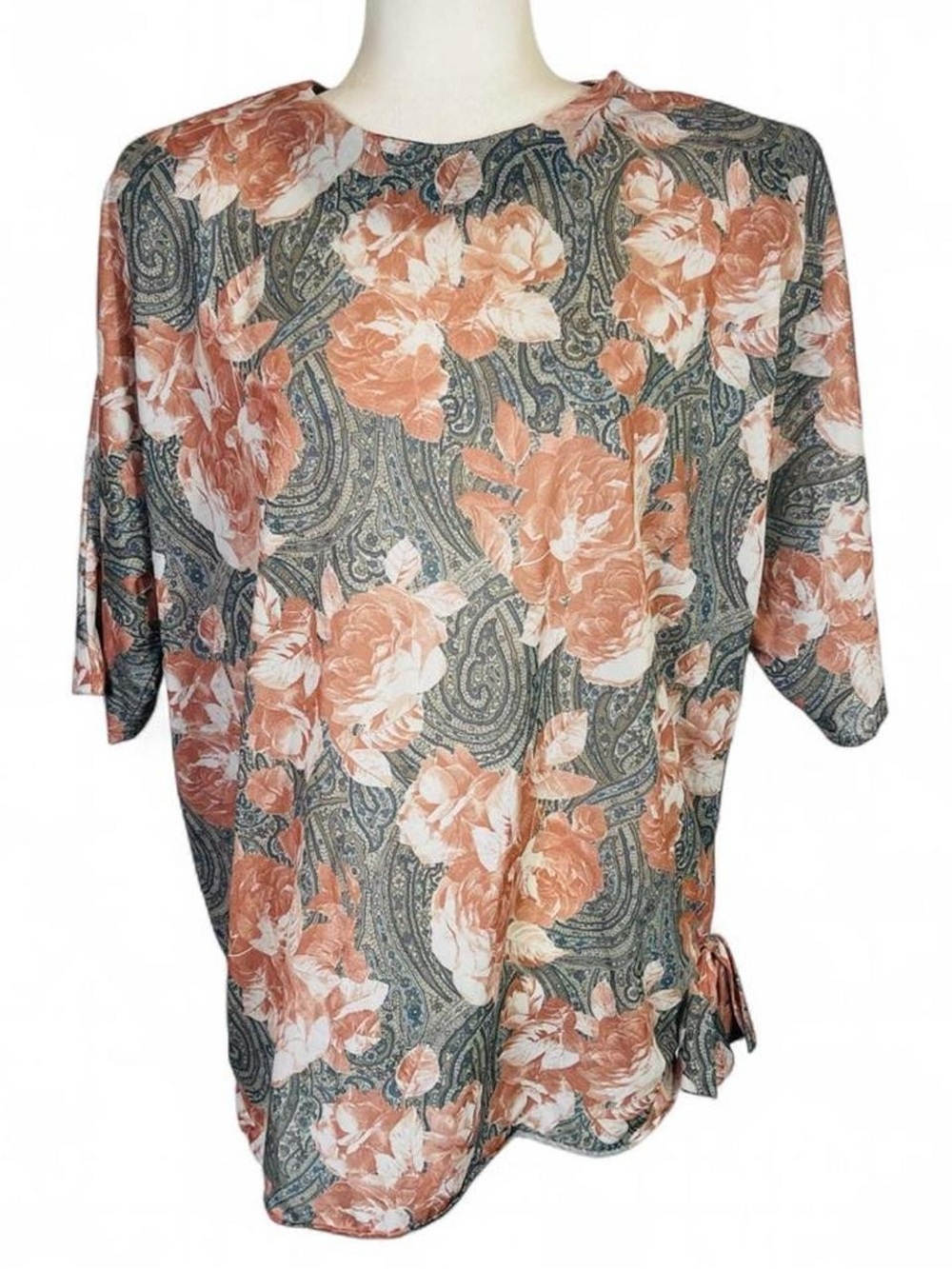Vintage 70s 80s M.C.S. Ltd. New York Plus Size 2X 3X Top louse Floral Pink Tie